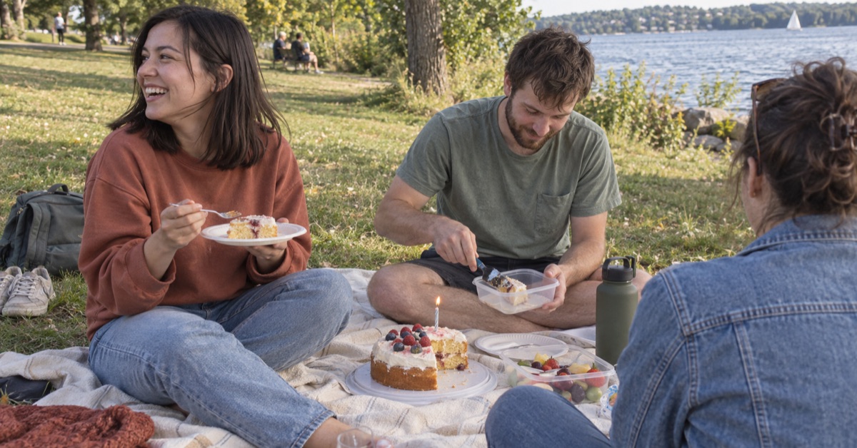Friends celebrating a birthday with cake at a lakeside picnic