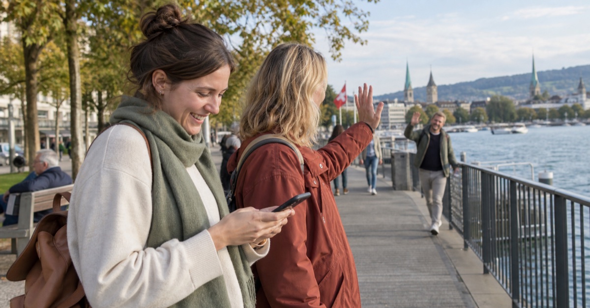 Friends spending time together. Two friends are late: check their arrival on the map