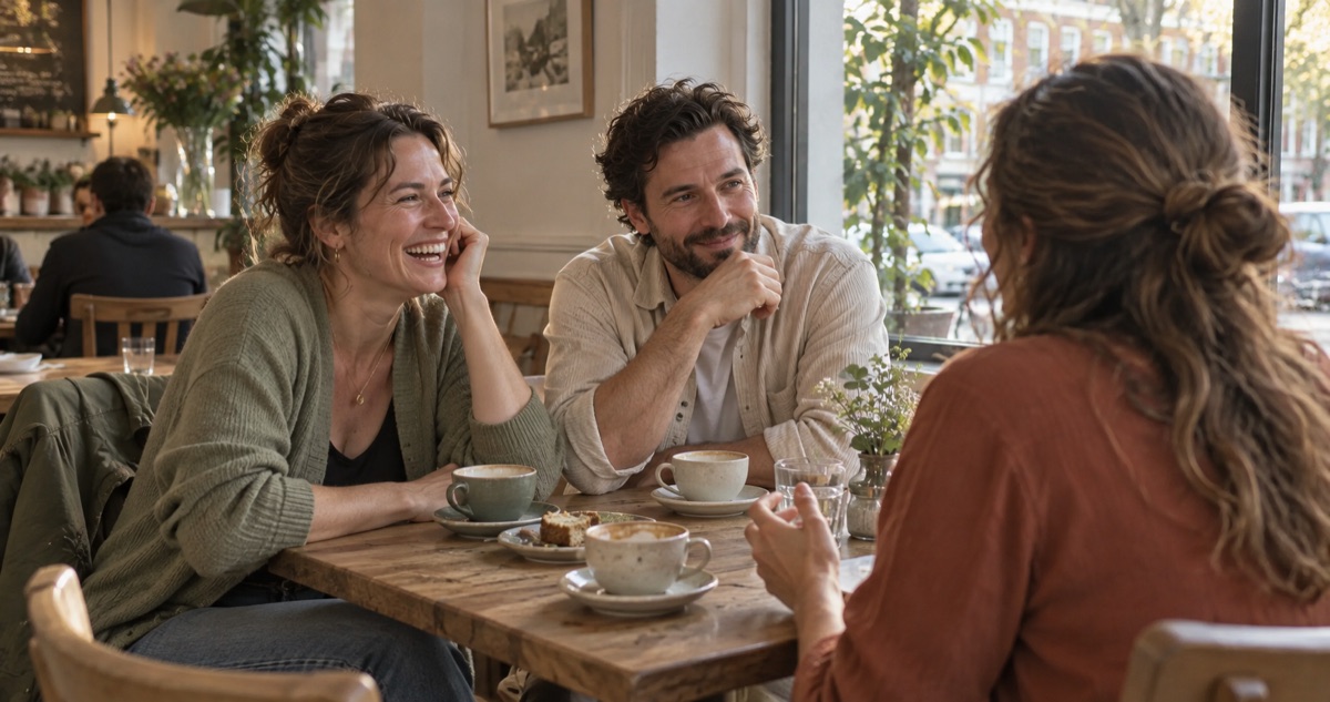 Three friends talking over coffee in a neighborhood café.
