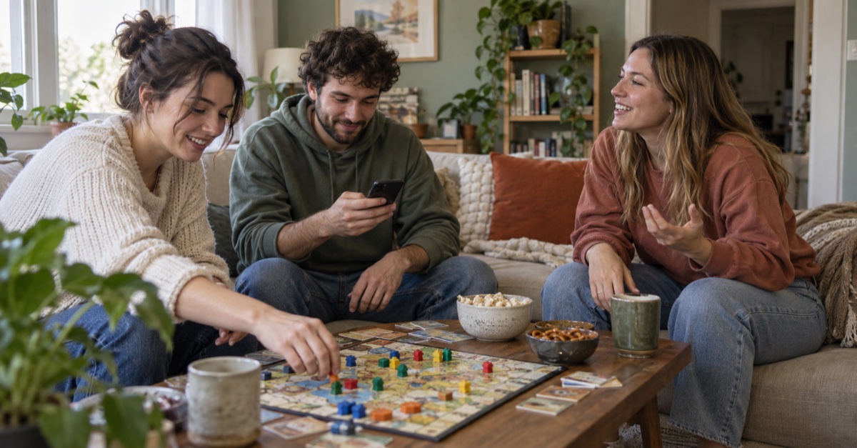 Friends spending time together. Plan a board-game night in the meetup chat