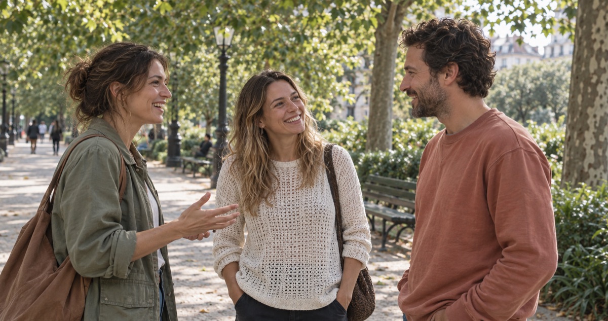 Three adults smiling and talking together on a leafy park path.