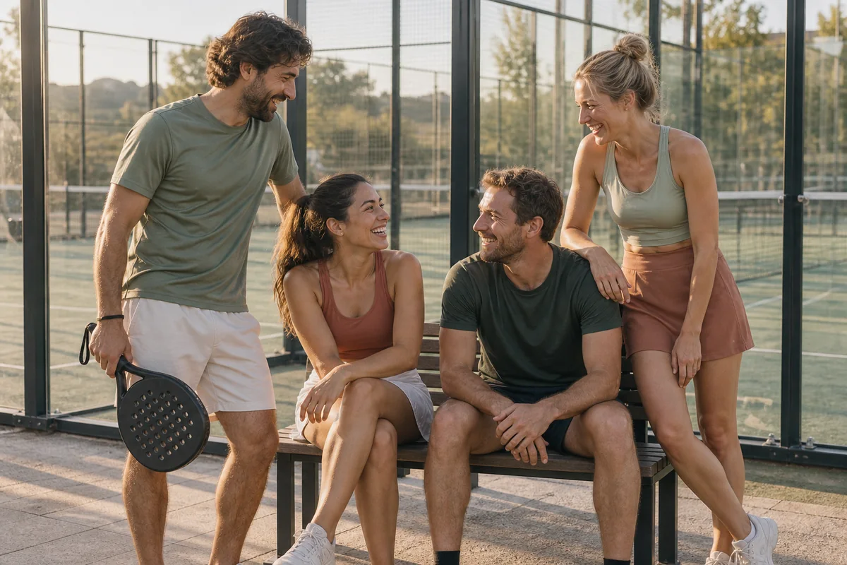 Friends laughing together after a game of padel