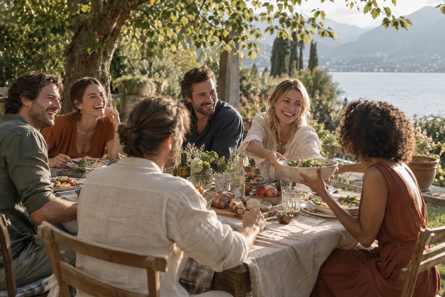 Friends sharing an outdoor dinner by the lake